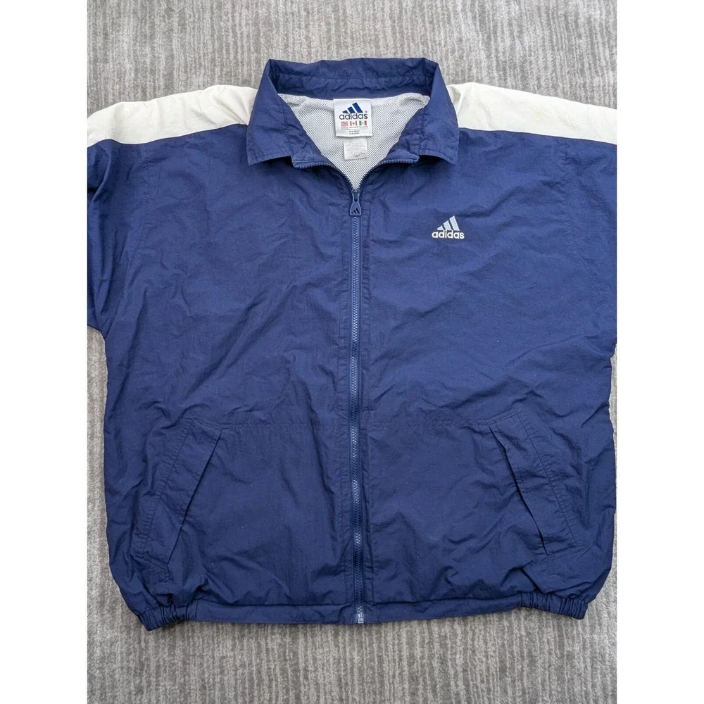 Vintage Adidas Track Jacket XL Navy White 90s 3 Stripe Logo Retro Windbreaker